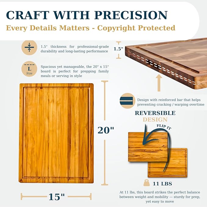 Bearchop Teak Cutting Boards for Kitchen, [20" x 15" x 1.5"] Large Edge Grain Cutting Boards, Solid Teak Wood Butcher Block Cutting Board with Juice Grooves and Handle, Knife Friendly and Reversible
