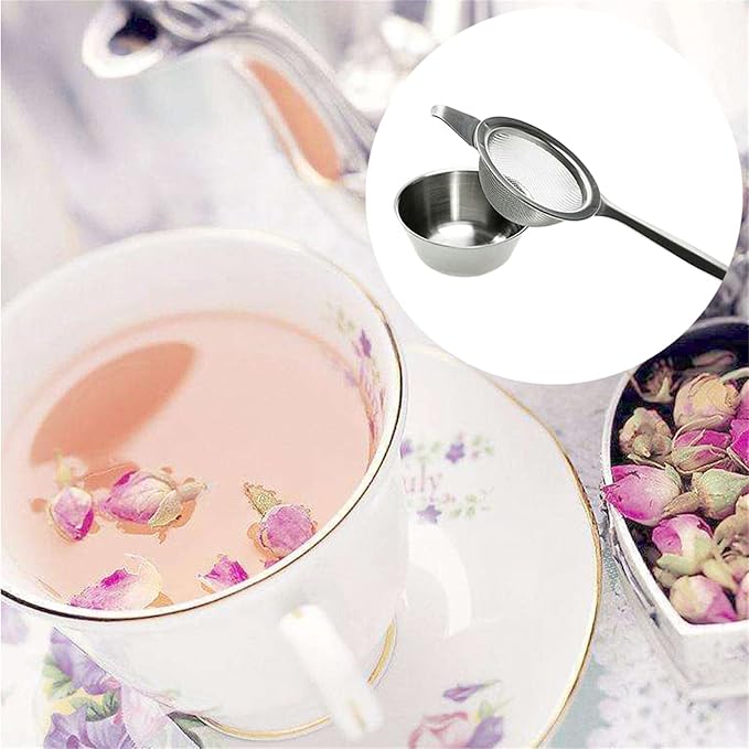 Fine Mesh Strainer with Long Handle, Stainless Steel Mini Tea Strainer with dripping bowl, for Straining Teas and Cocktails or Sifting Flour, Sugar, Spices, and Herbs(Silver)