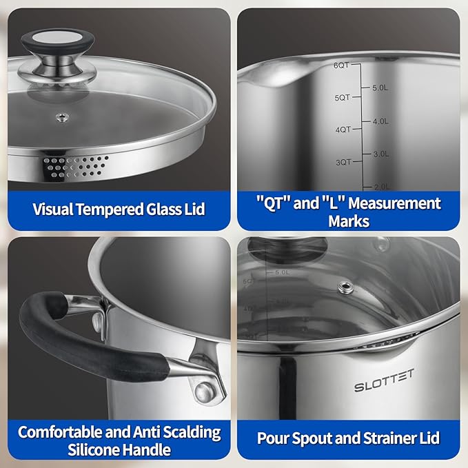 SLOTTET 6 Quart Stainless Steel Stock Pot with Strainer Glass Lid,6 Qt Soup Pot Multipurpose Stockpot with Pour Spout,Stay-cool silicone Handle.