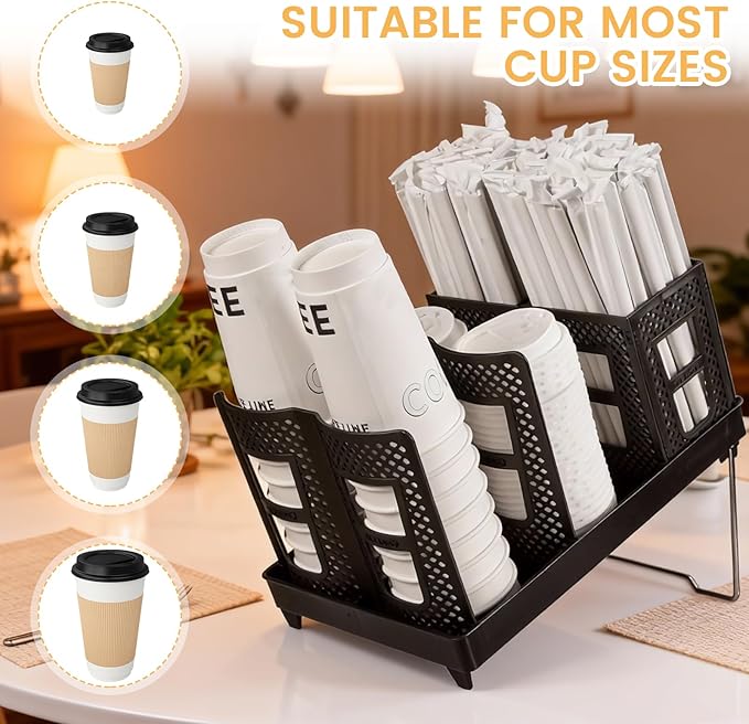 Paper Cup and Lid Holder with Straw Organizer, Coffee Cup Holder for Countertop Coffee Station, Bar, Kitchen, Office Black