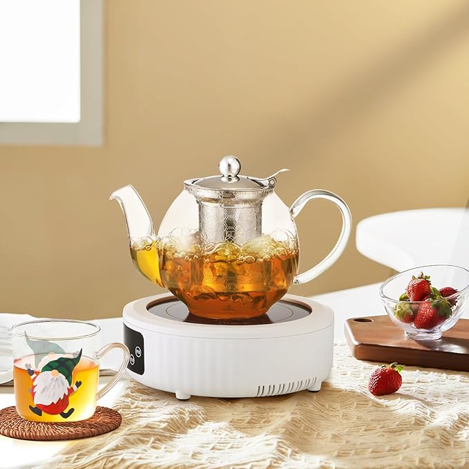 1000ml/35oz Hand Painted Pattern Glass Teapot For Stovetop,Tea Pot For Loose Tea,Glass Tea Kettle With Infuser (Red Hat Santa)