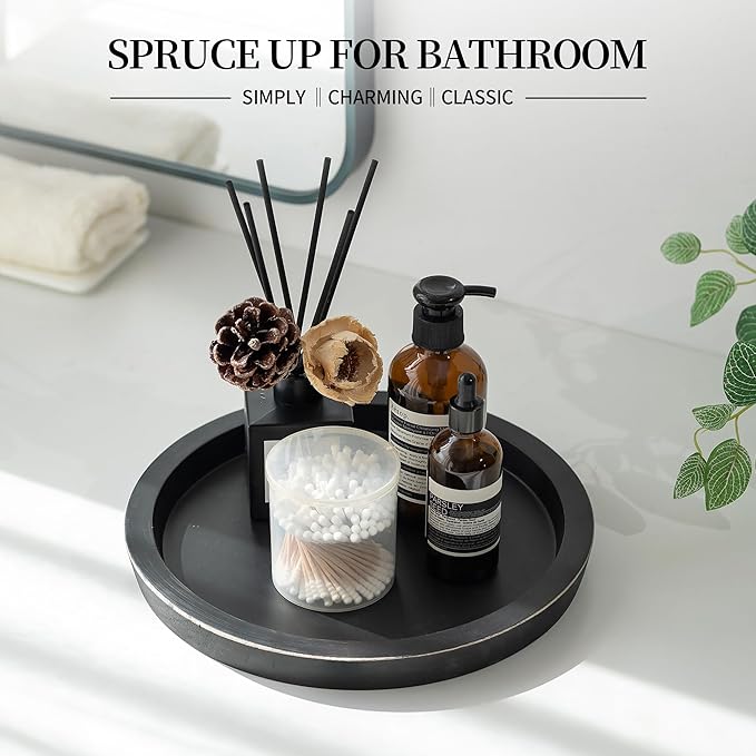 Hanobe Candle Plate Holder Tray: Round Wooden Decorative Candle Plate Small Farmhouse Table Centerpiece Rustic Wood Tealight Pillar Trays for Christmas Wedding Halloween Home Decor (Black)