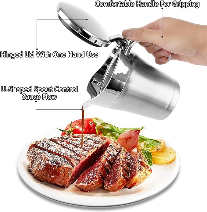 Stainless-Steel Double Insulated Gravy Boat - Sauce Jug with Hinged Lid, Ideal for Gravy or Cream at Thanksgiving, Gravy Pitcher - 16 oz/450 ml