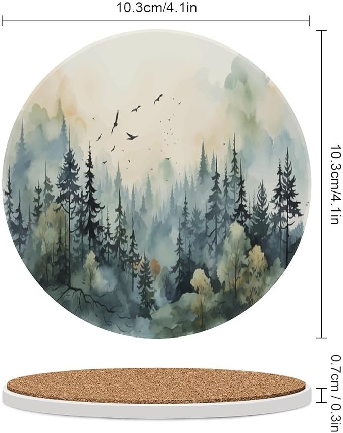 Forest Drink Coasters, Round Ceramic Drink Coaster Round-6PCS, Watercolor Style Nature Mountain Woodland Green Forest Flying Birds Decor Absorbent Ceramic Coasters for Beverage Cup, Bar, Coffee Table