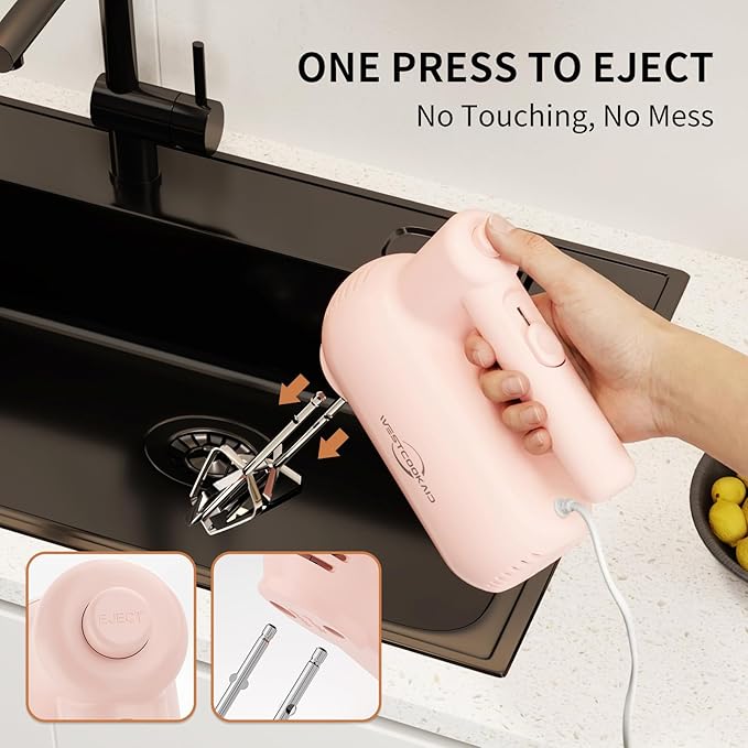 Hand Mixer Electric, 5 Speed Hand Mixer Electric Handheld with Turbo, WESTCOOKAID Lightweight Stainless Steel Beaters, Dough Hooks, Blending or Cooking (Pink)