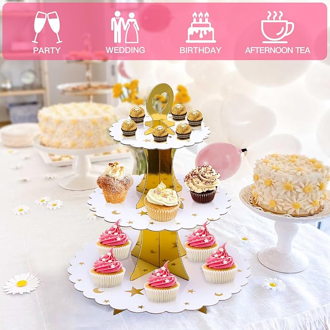 Soleebee 3-Tier Cupcake Stand, Cardboard Cupcake Tower, Dessert Cup Cake Stand Tower for Birthday Wedding Party Decoration, Cupcake Tier Stand 1 Set (Gold Moon and Star)
