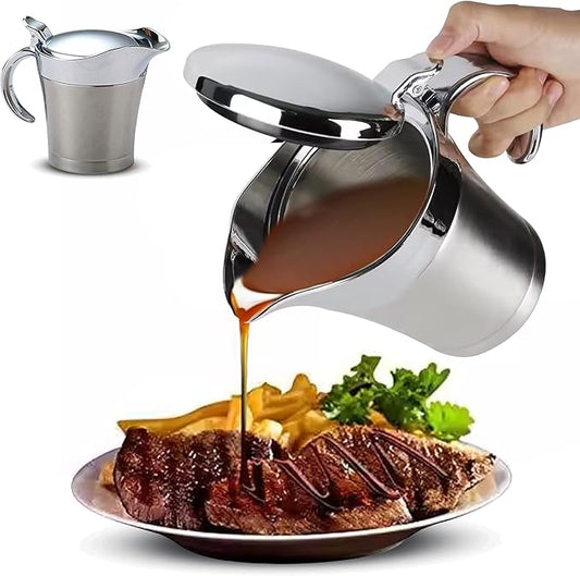 450ML Stainless Steel Gravy Boat with Lid – Double Insulated Gravy Pitcher for Hot & Cold Sauces – Elegant Sauce Boat Small Gravy Server for Steak, Turkey, and Holiday Dinners
