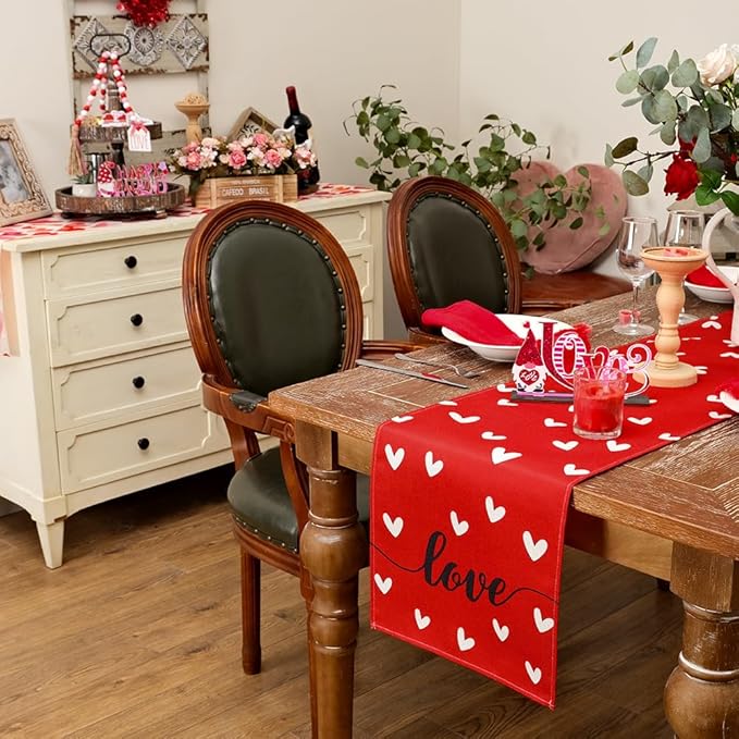 ARKENY Valentines Day Table Runner 120x13 Inches Love Heart Red Table Decor, Burlap Farmhouse Indoor Outdoor Holiday Anniversary Decoration for Home Party AT057-120