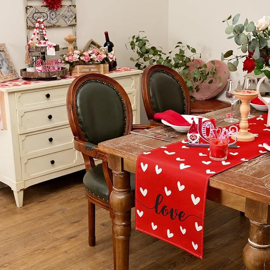 ARKENY Valentines Day Table Runner 108x13 Inches Love Heart Red Table Decor, Burlap Farmhouse Indoor Outdoor Holiday Anniversary Decoration for Home Party AT057-108