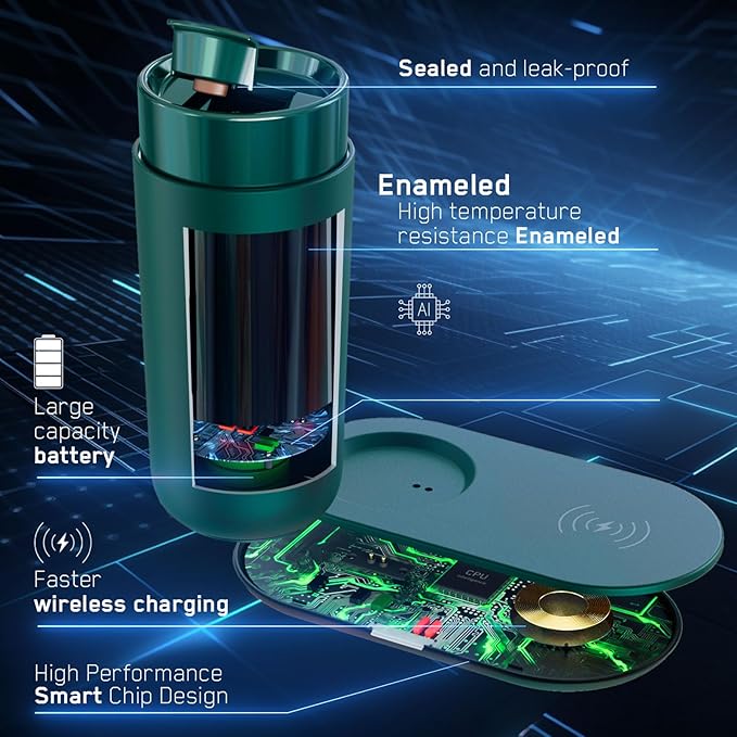 LEGARDLILIU Temperature Control Heated Coffee Mug Smart Self Heating Travel Mug 12 Oz App Controlled Warmer Mug 4-10 Hour LED Display Keep Coffee Hot Fast Wireless Charger Base Jade Green