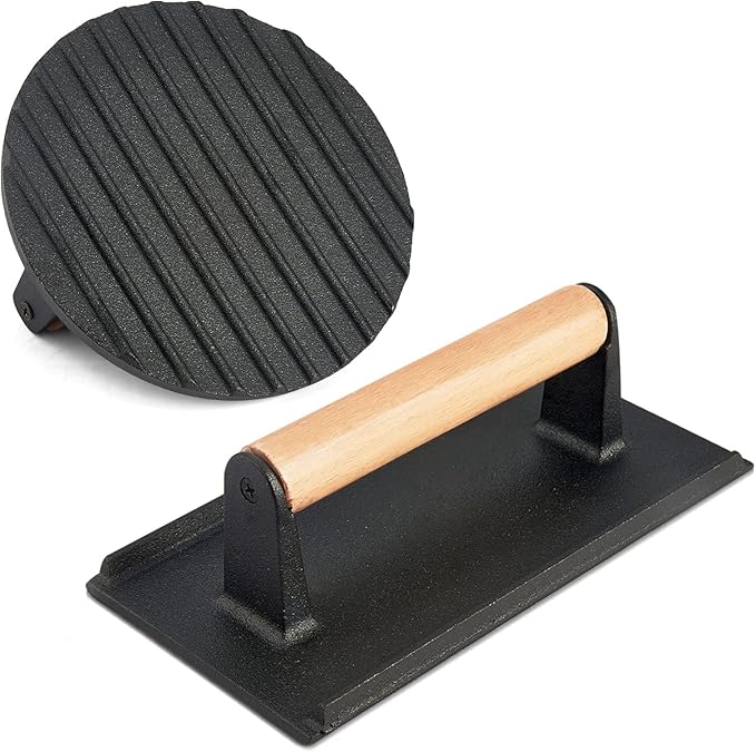 HaSteeL 2Pcs Cast Iron Bacon Press, Smash Burger Press for Teppanyaki Flat Top Griddle, Heavy Duty Round 7In & Rectangular 8x4In Grill Press, Perfect for BBQ Meat, Paninis, Tortilla, Steak, Sandwich