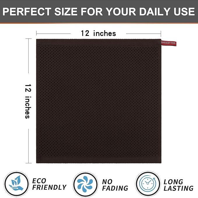 Kitinjoy 100% Cotton Kitchen Dish Cloths, 12 Pack Waffle Weave Ultra Soft Absorbent Dish Towels for Drying Dishes Quick Drying Kitchen Towels Dish Rags, 12 X 12 Inches, Dark Brown