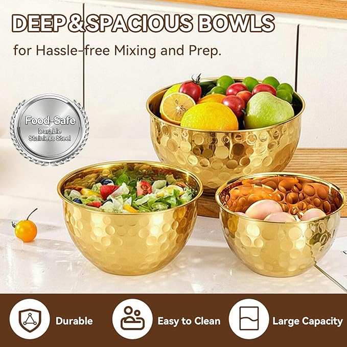Gold Mixing Bowls Hammered Mixing Bowl Set, Stainless Steel Golden Finish Decorative Serving Bowls for Kitchen, 3 Piece Salad Bowl for Prepping Cooking Baking Serving Gold Serving Bowls for Home Decor