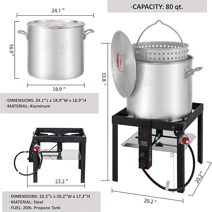 Feasto 80 QT Seafood Boil Pot with Basket and Burner, Aluminum Seafood Boil Pot and Burner Kit with 100,000 BTUs Output and 10 PSI Regulator for Cooking Crawfish, Shrimp, Crab, CSA Certified