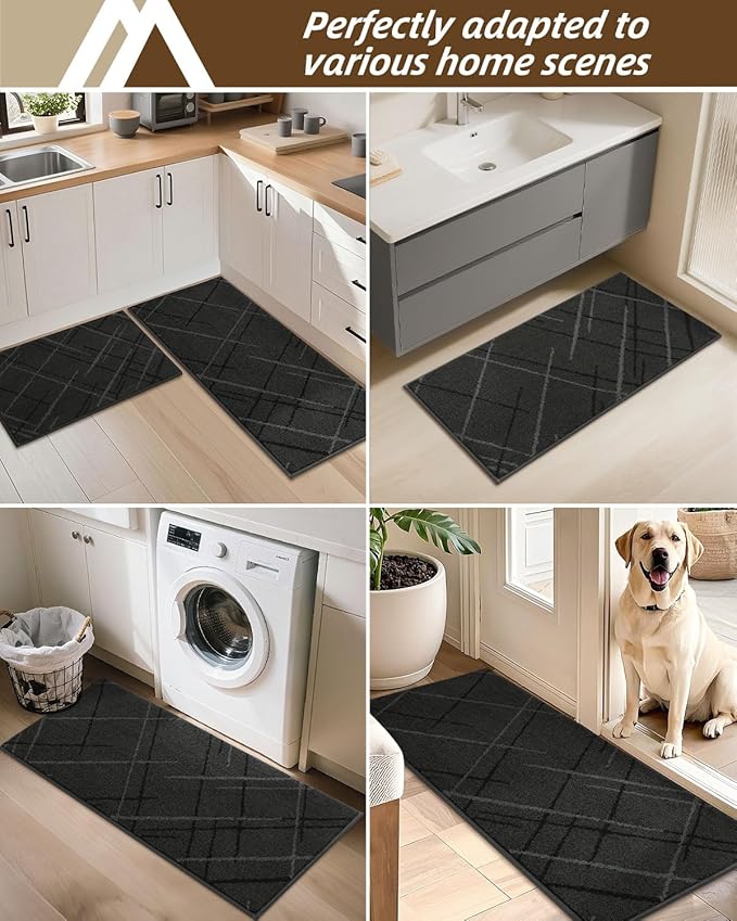 COSY HOMEER Kitchen Mats, 2 PCS Kitchen Rug Non Slip Washable, Absorbent Runner Rugs for Kitchen Floor, Polyester Kitchen Sink Rug 24"x36" + 24"x60"(Dark Gray)
