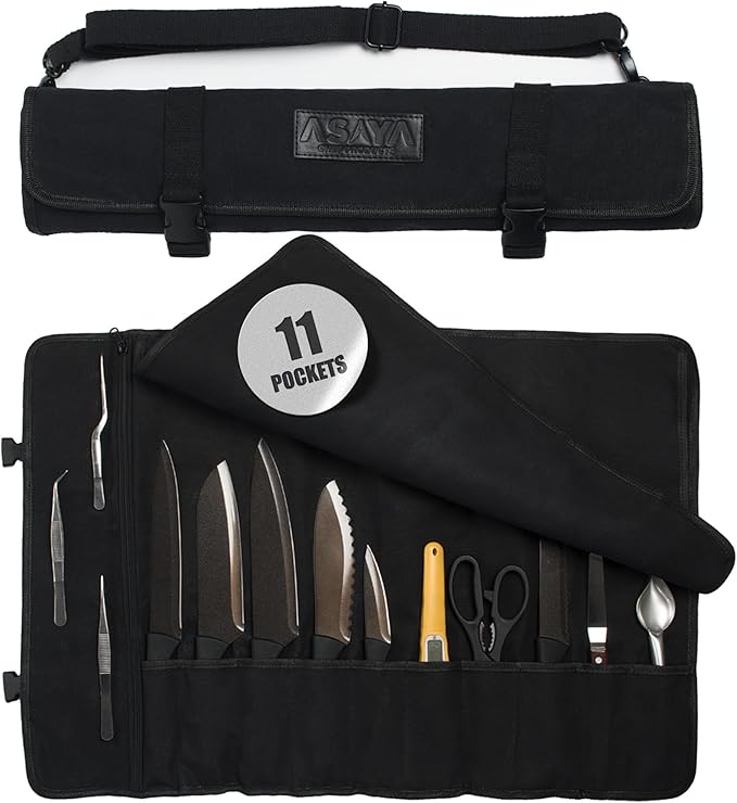 Asaya Canvas Chef Knife Roll Bag - 10 Knife Slots and a Large Zipper Pocket - Durable 10oz Canvas Knife Case with an Adjustable Shoulder Strap - Knives not Included