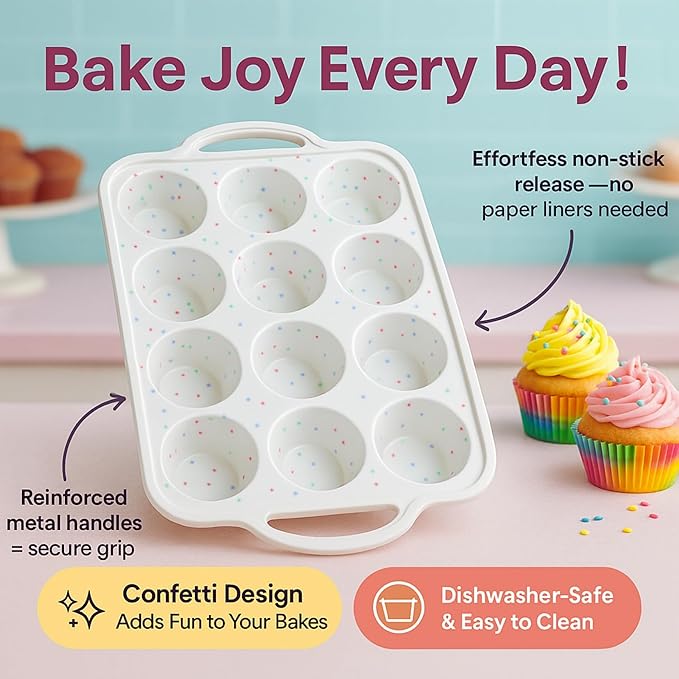 BAKE BOSS 2-Pack Regular Muffin Pan – 12-Cup Silicone Muffin Pans for Baking with Metal-Reinforced Frame – Nonstick Silicone Cupcake Pan, BPA-Free Muffin Tray, Oven & Dishwasher Safe – Cream