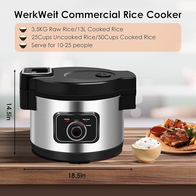 WerkWeit Commercial Rice Cooker 13L Large Rice Cooker 50Cup(Cooked)/25Cup (Uncooked), 1850W Rice Cooker for Restaurant Canteen Party Commercial Rice Warmer for 24H
