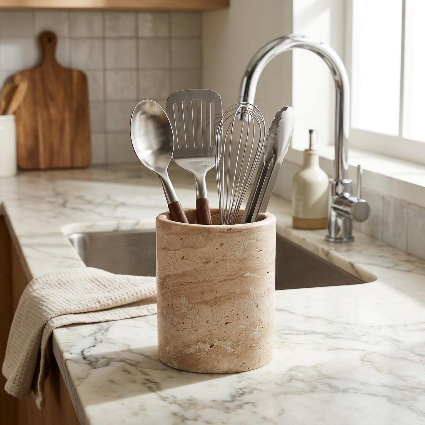 Natural Travertine Utensil Holder for Kitchen Countertop – Heavy & Stable Real Stone Utensil Crock, Large Spoon & Spatula Organizer, Rustic Premium Kitchen Decor, Housewarming Gift, Beige