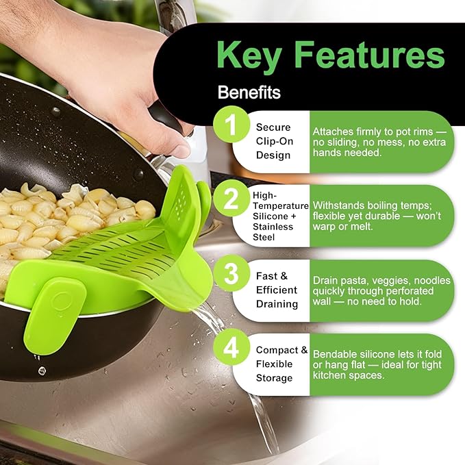 Universal Clip On Pot Strainer - Heat Resistant Silicone Snap-on Drainer & Colander for Pasta, Grease & Vegetables, Hands-Free Kitchen Gadget for Pans & Bowls, Space-Saving & Dishwasher Safe