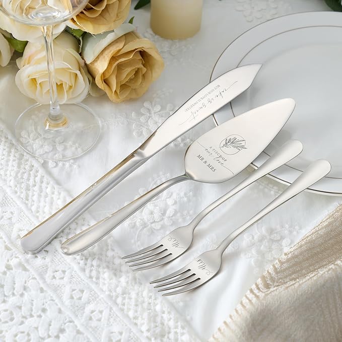 AW BRIDAL 4Pcs Wedding Cake Knife and Server set with Forks, Stainless Steel Engraved Cake Cutting and Pie Server Gifts for Bridal Shower Engagement, Silver