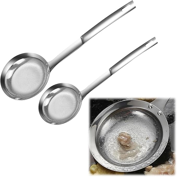 Stainless Steel Colander, 2024 Upgrade Extra Fine Mesh Strainer with Handle, Oil Filter Food Strainer, Kitchen Gadget (Small+Large)