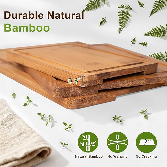 Tafopue Cutting Board Set with Holder, Space Saving Kitchen Bamboo Chopping Boards, Build in Juice Groove and Grip Handle, Durable Wooden Serving Board for Meal Prep & Charcuterie, Gift Idea