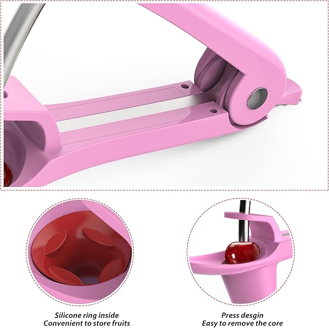 Cherry Pitter - Ordekcity Stainless Steel Cherries Corer Pitter Tool with Hand-held Push Design, Save Time & Space for Making Cherry Jam with Lock Design(Pink)