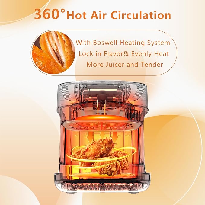 BOSWELL Glass Air Fryer, 4.5QT Transparent Fry Bowl, Circulating Heating, Non Toxic, Large Capacity Air Fryer Roast, Temperature Control Dishwasher Safe (Black)