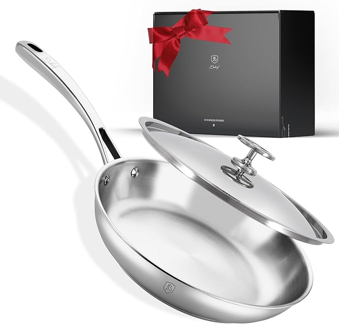12 Inch Stainless Steel Pan with Lid, 5-Ply Clad Base 800℉ Safe Stainless Steel Frying Pan for Even Heating, Premium Cookware for Induction, Gas, Electric&Oven