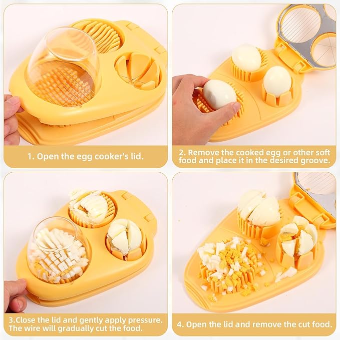 3 in 1 Way Hard Boiled Egg Slicer, Plastic Egg Cutter & Dicer Chopper with 3 Slice Modes and Cleaning Brush for Strawberries Apples Tomatoes Mushrooms & Soft Fruits Food Kitchen Tool Gadgets (Yellow)