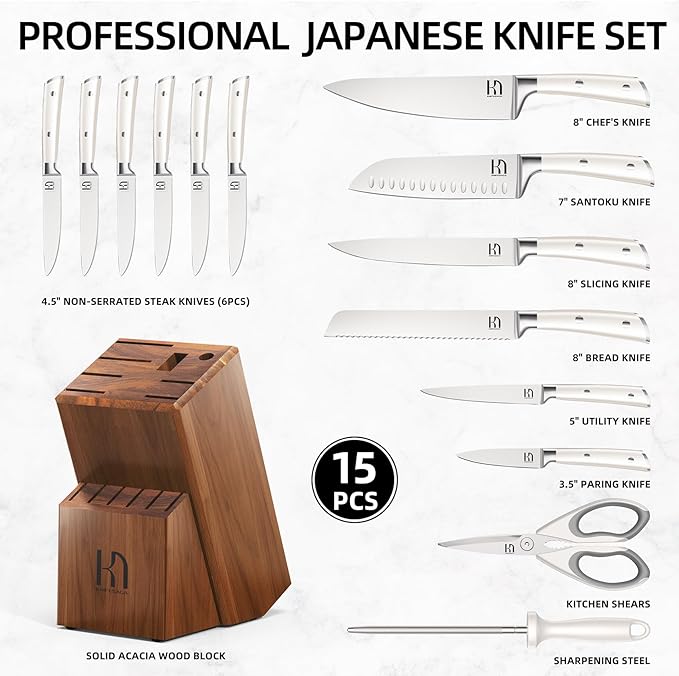 Kitchen Knife Set Premium, Japanese High Carbon Stainless Steel 15 Pcs Enduring Ultra Sharp Knife Block Set with Sharpener and Wood Block, Professional White Chef Knives set for Kitchen