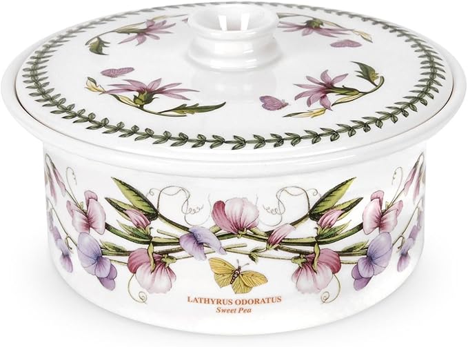 Portmeirion Botanic Garden 9.5" Round Casserole Dish with Cover, Sweet Pea Motif - Durable Porcelain Baking Dish with Chip-Resistant Glaze, Dishwasher & Microwave Safe - Stylish Bakeware & Serveware