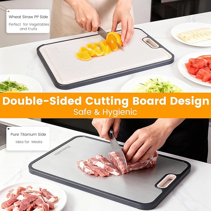 Titanium Cutting Board for Kitchen, Double Sided Cutting Board,Pure Titanium and Wheat Straw PP, Easy Clean, Non-Slip Edge,Large Size 16” x 11”