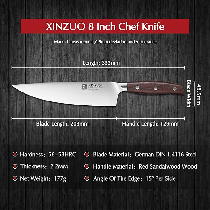XINZUO 8 Inch Chef Knife,German Stainless Steel, Professional Kitchen Cutting Knife, Ultra Sharp Cooking Knife with Red Sandalwood Handle