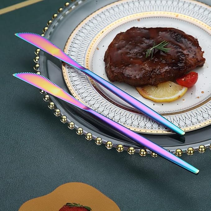 HOMQUEN Dinner Knives 6 Piece, Stainless Steel Matt Rainbow Dinner Knife, Sturdy butter knife, Modern Design butter knives, Dishwasher Safe (Matt Colorful-8.9 Inch)
