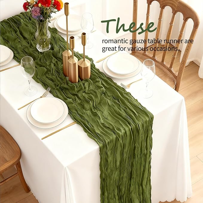 12 Pcs Olive Green Cheesecloth Table Runner 10Ft, Gauze Table Runners 21.5 x 120 inch,Semi Sheer Cheese Cloth Fabric Runner Bulk for Wedding,Party,Baby Shower,Bridal Shower