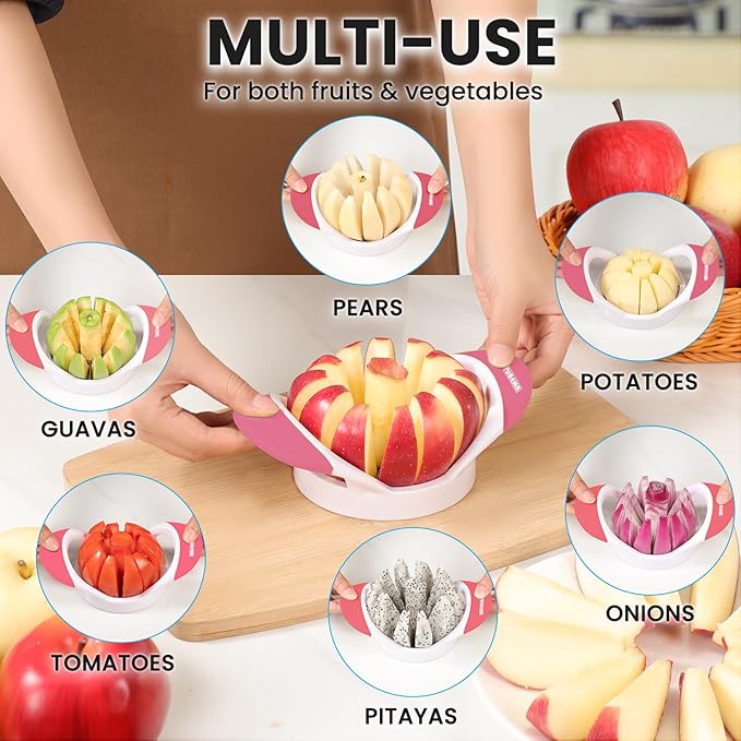 SCHVUBENR 3.5 Inch Apple Slicer with 12 Sharp Blades - Professional Apple Cutter - Stainless Steel Apple Corer - Super Sharp Apple Slicer and Corer - Slice Apple with Ease(Pink)