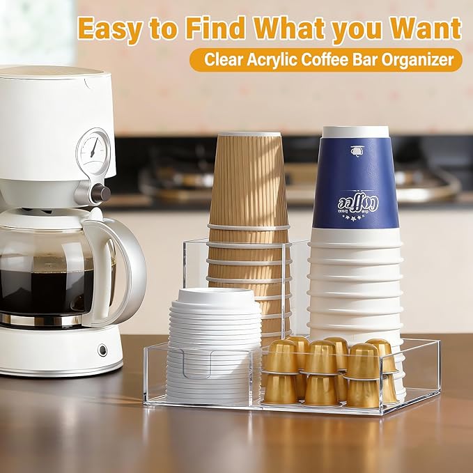 Coffee Cup Holder for Countertop, Clear Acrylic Coffee Bar Accessories and Organizer, Coffee Station Organizer for Cup Lid Stirrers Pod