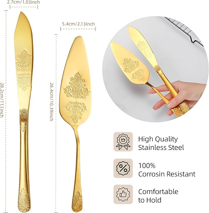 tiokin Cake Cutting Set for Wedding, Elegant Cake Knife and Server Set with Thickened Stainless Steel Rounded Edges, Cake Cutter Pie Spatula for Birthday Anniversary Christmas 2 Pcs Gold