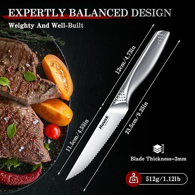 Huusk Serrated Steak Knives Set - 4.5" Japanese Stainless Steel Steak Knives Set of 6, Sharp Dishwasher Safe Dinner Knife for Kitchen Table with Gift Box, Christmas Gifts for Men Women