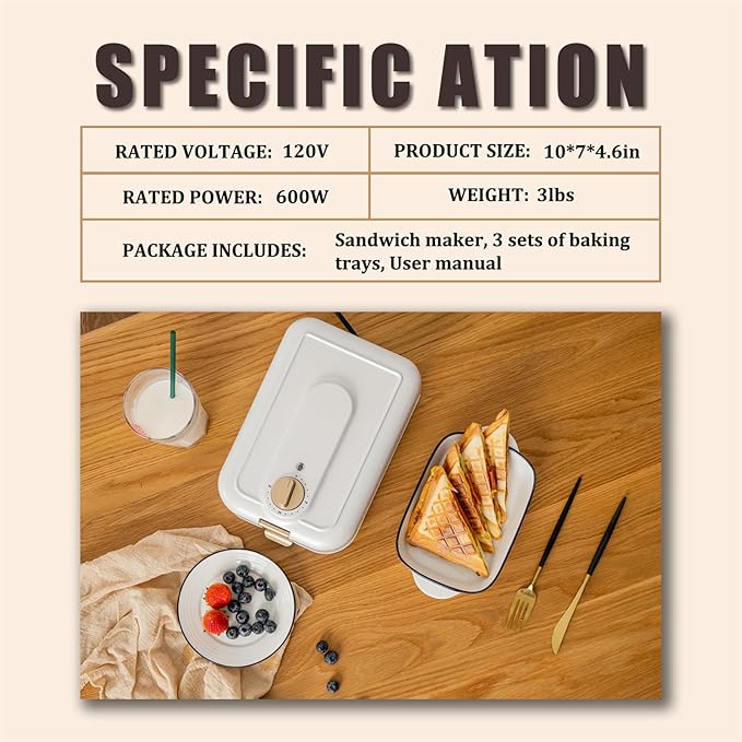 White 3 in 1 timing Sandwich Maker with Non-Stick Plates Indicator Lights and Lock Feature 600W Electric Panini Press, Pizza Pockets, Quesadillas, Waffle Breakfast Grilled Cheese Egg Bacon