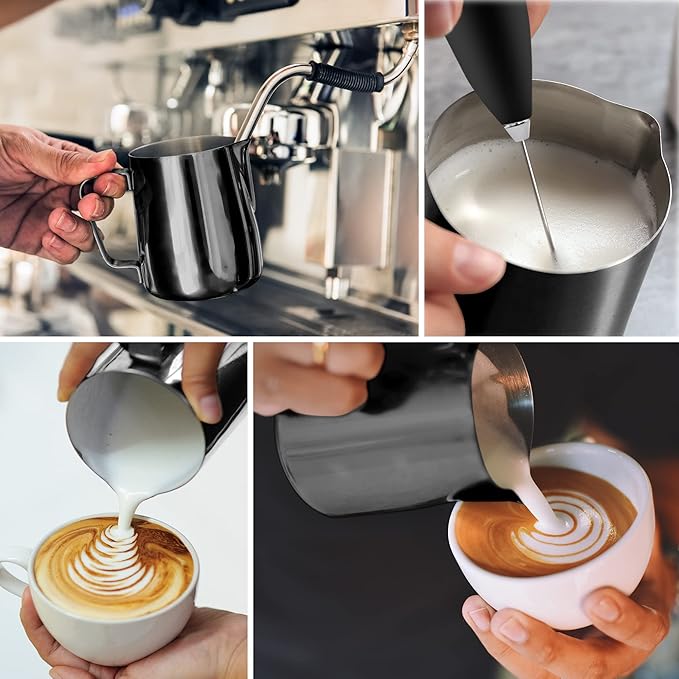 Zulay Milk Frother Cup 350ml/600ml/950ml (12oz/20oz/32oz) - Stainless Steel Frothing Pitcher With Laser-Welded Handle & Precise Measurement Markings - Black - 12oz (Pack of 2)