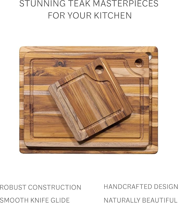 Teakhaus Marine Cutting Board with Juice Groove - Small Square Bar Cutting Board with Corner Hole - Reversible Teak Edge Grain Wood - Knife Friendly - FSC Certified - 4-pack