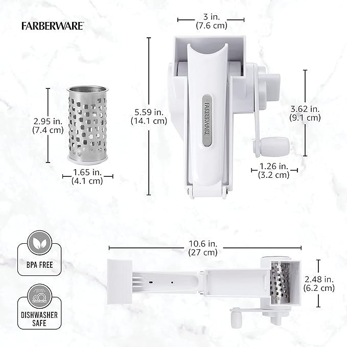 Farberware Professional Rotary Grater with Fine Etched Stainless Steel Drum, 4.33x5.51x3.54 Inch, White