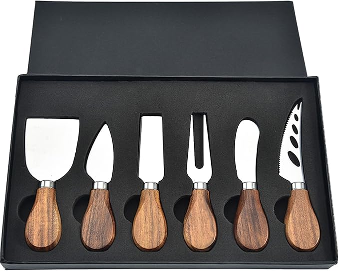 6Pcs Cheese Knife Set,Cheese Knives Cheese Slicer Cheese Cutter Cheese Fork,Cheese Spreading Knife,Wood Handle Stainless Steel Slicer for Charcuterie Boards Cutlery Gift Set
