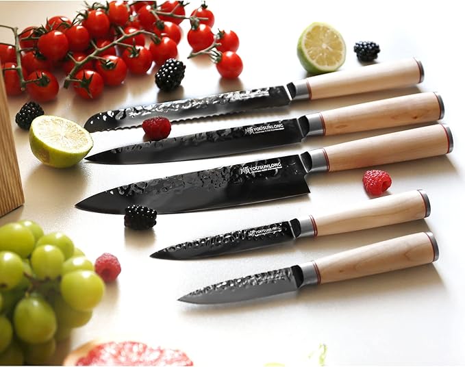 YOUSUNLONG Knife Block Sets - 5 Piece Chef Knife Set - Japanese AUS8 Steel Black Titanium - Natural Fraxinus Americana Wood Knife Holder - Canadian Maple Wood Handle - With Gift Box