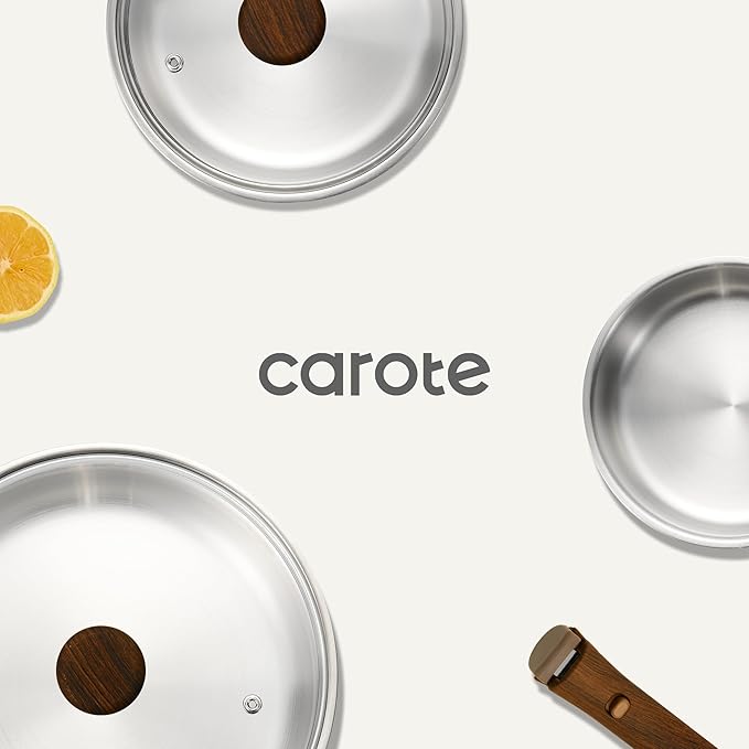 CAROTE Tri-Ply Stainless Steel Sauce Pan with Detachable Handle,1.5QT Sauce Pan,2QT & 3QT Saucepan with Lid, 8PCS Non-Toxic Induction Kitchen Stainless Steel Pot,Removable Handle,Oven Safe,Woodgrain