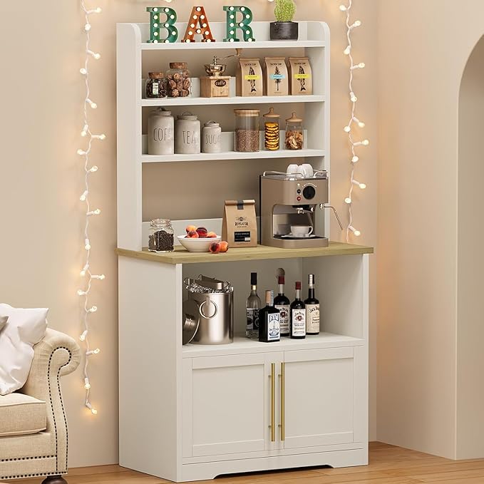 GAOMON Farmhouse Bakers Rack with Storage Cabinet and Charging Station, Kitchen Hutch with Thickened Tabletop, Power Outlets & USB Ports, Pantry Organizer Shelf for Kitchen and Dining Room, Wood