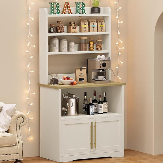 GAOMON Farmhouse Bakers Rack with Storage Cabinet and Charging Station, Kitchen Hutch with Thickened Tabletop, Power Outlets & USB Ports, Pantry Organizer Shelf for Kitchen and Dining Room, Wood